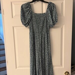 Smocked Square-Neck Green Floral Jumpsuit